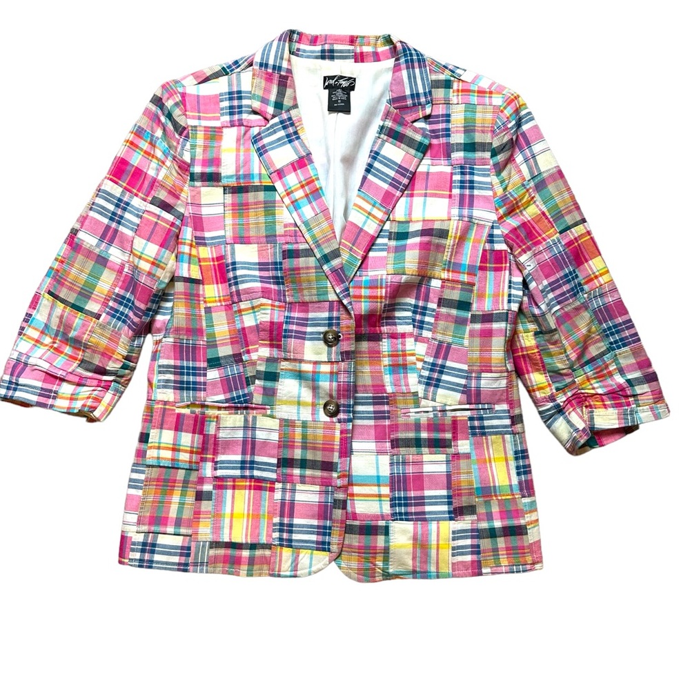 LORD & TAYLOR Vintage Y2K Patchwork Madras 3/4 Length Ruched Sleeve Blazer 10
